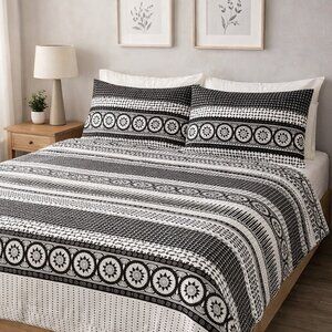 Geometric Print Bed Sheets Set 4-pc Black & White Full Queen King